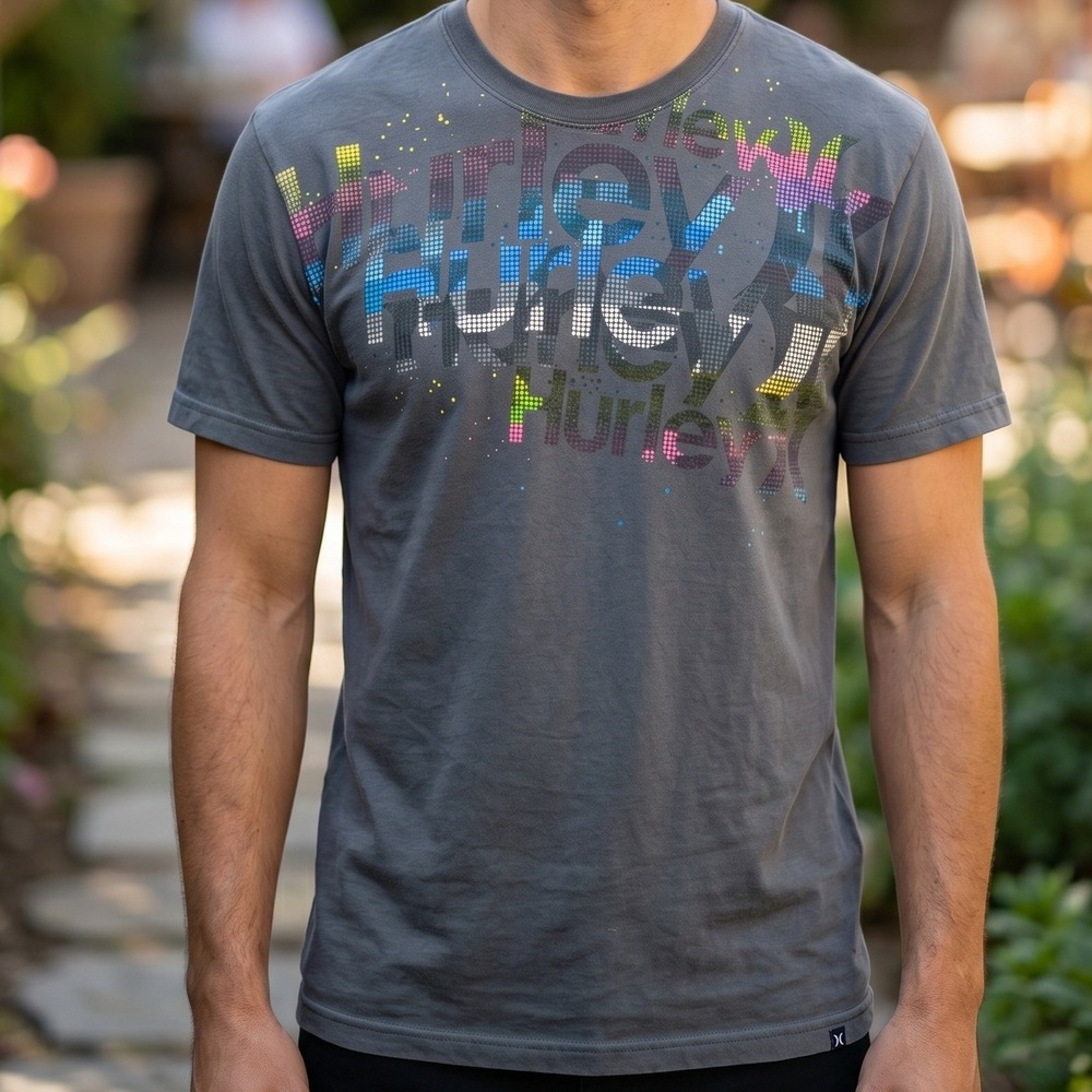 Hurley Mens Graphic T-Shirt Charcoal Grey Pixelated Logo Surf Skate Regular Fit